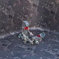 Two Robots One Standing And One Fallen With Red Details On Rough Pitted Ground