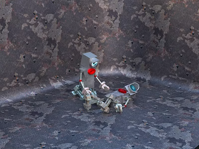 Two Robots One Standing And One Fallen With Red Details On Rough Pitted Ground 3d model