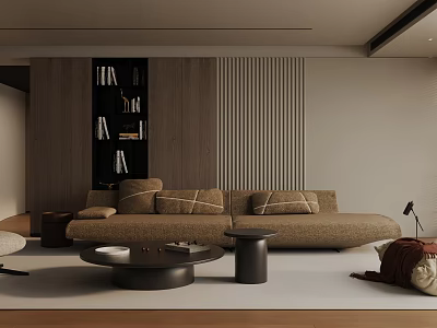 Modern Living Room Interior With Brown Sofa Bookshelf Striped Wall And Coffee Table 3d model