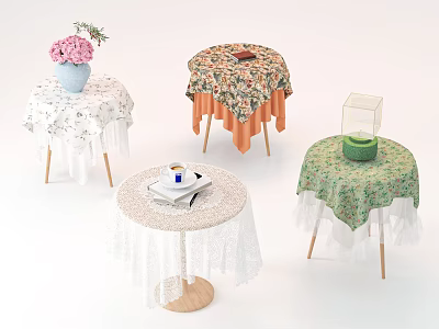 Elegant Round Negotiation Tables and Chairs with Various Tablecloths and Decorative Ornaments 3d model