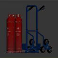 Two Red Gas Cylinders Together With Blue Wheeled Cylinder Transport Cart