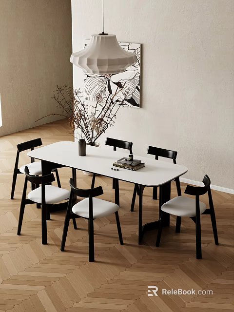 Modern Dining Table Set With White Oval Table Black Chairs White Cushions And Decorative Painting 3d model 