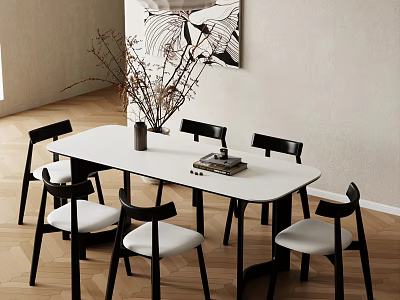 Modern Dining Table Set With White Oval Table Black Chairs White Cushions And Decorative Painting 3d model