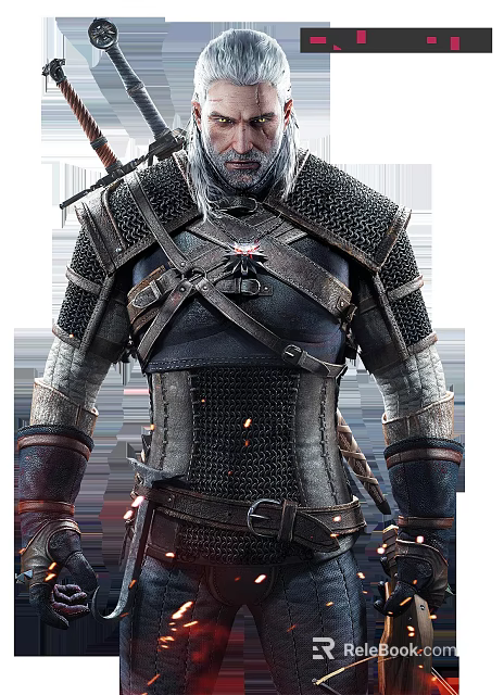Geralt Witcher Game Character in Black Chainmail Armor with Leather Straps and White Hair 3d model 
