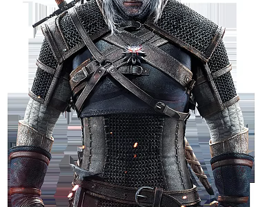 Geralt Witcher Game Character in Black Chainmail Armor with Leather Straps and White Hair 3d model