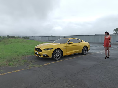 Yellow Sports Car Parked Roadside With Woman In Red Dress And Grassland Under Overcast Sky 3d model