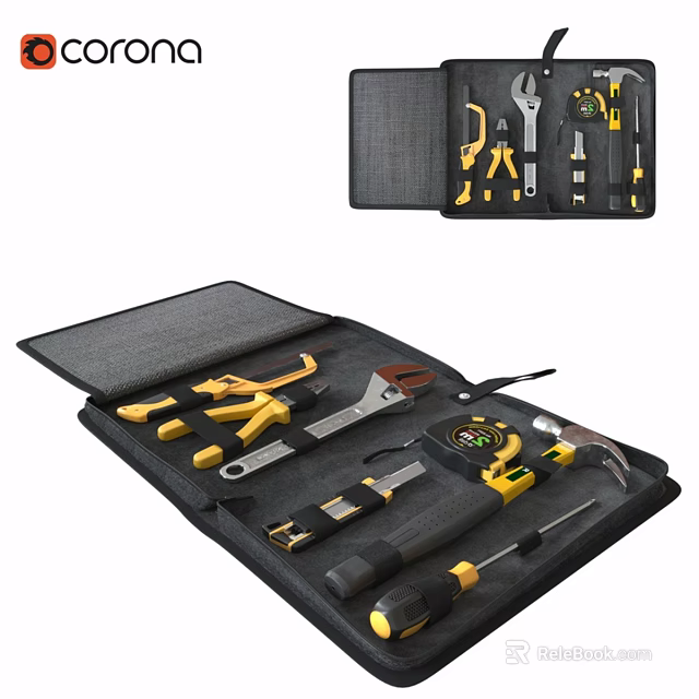 Tool Set Organized in Black Storage Case with Yellow and Black Pliers Wrench Hammer Screwdrivers 3d model 