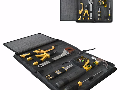 Tool Set Organized in Black Storage Case with Yellow and Black Pliers Wrench Hammer Screwdrivers 3d model