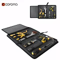 Tool Set Organized in Black Storage Case with Yellow and Black Pliers Wrench Hammer Screwdrivers