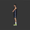 A Man in Blue Mavericks Number 1 Basketball Jersey and Shorts with Green Sneakers Standing Arms Outstretched Against Gray Background