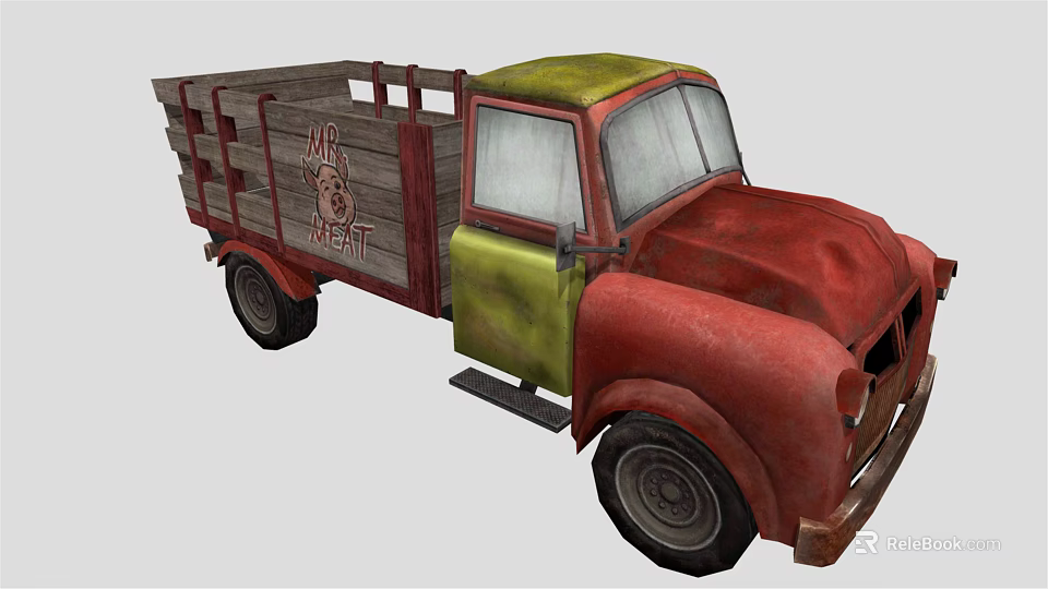 Vintage Red And Green Truck With Wooden Cargo Bed And Mr Meat Sign 3d model 