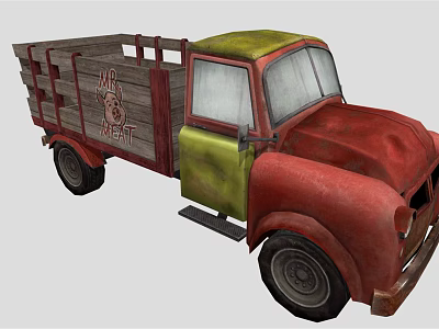 Vintage Red And Green Truck With Wooden Cargo Bed And Mr Meat Sign 3d model