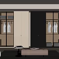 Modern Wardrobe Interior With Glass Doors Hanging Clothes And Storage Shelves