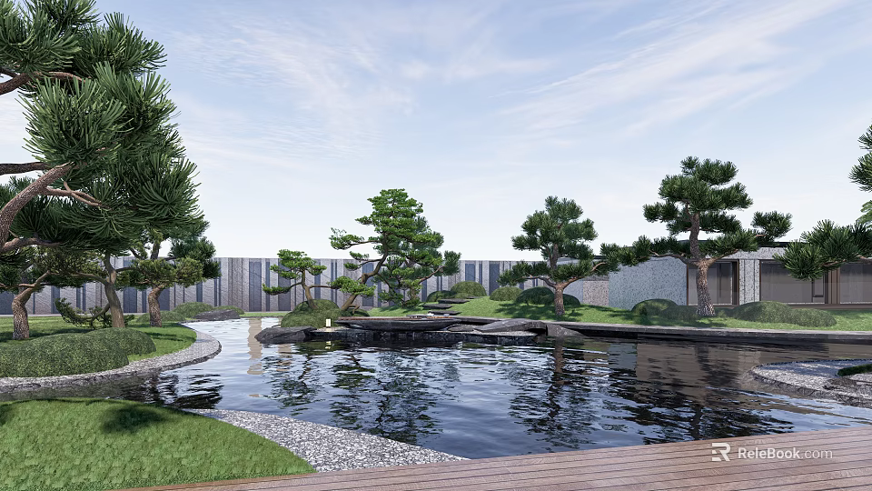 Tranquil Garden Landscape with Pond Pine Trees Wooden Deck Green Grass and Reflection 3d model 