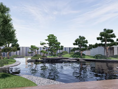 Tranquil Garden Landscape with Pond Pine Trees Wooden Deck Green Grass and Reflection 3d model