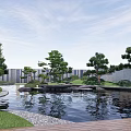 Tranquil Garden Landscape with Pond Pine Trees Wooden Deck Green Grass and Reflection