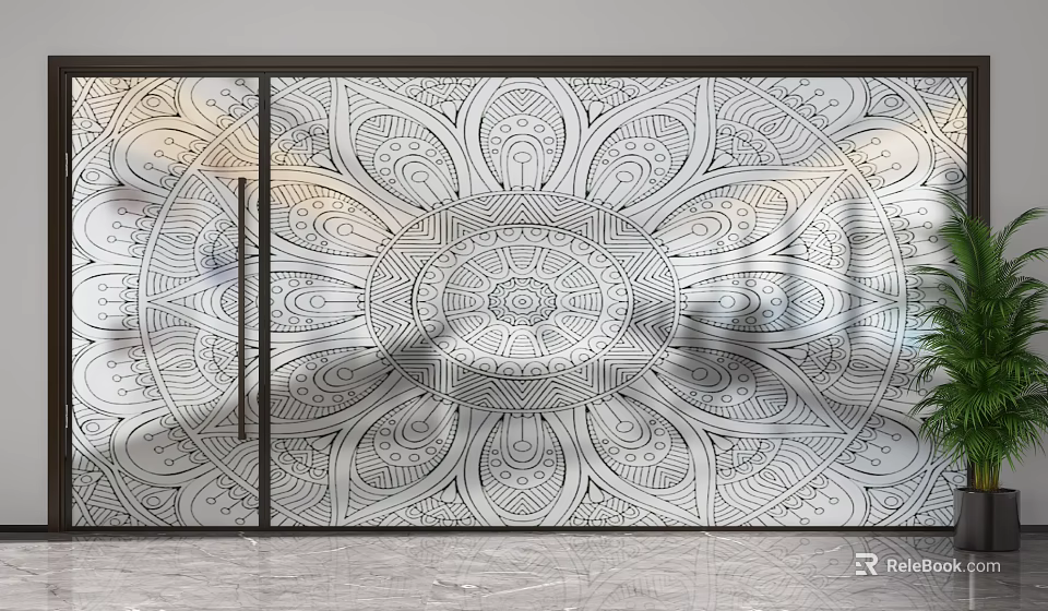 Modern Glass Room Divider With Intricate Symmetrical Artistic Pattern Design 3d model