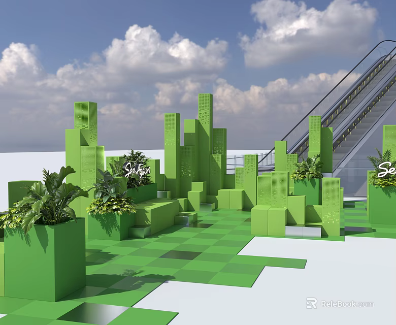 Interactive Area Featuring Green Cubic Structures Plants And Safe Sign By Escalator 3d model 