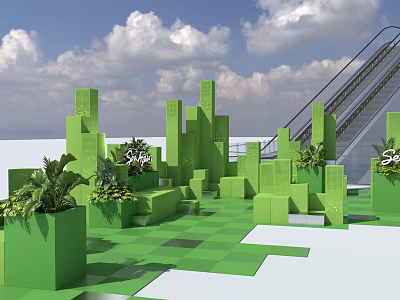 Interactive Area Featuring Green Cubic Structures Plants And Safe Sign By Escalator 3d model