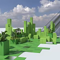 Interactive Area Featuring Green Cubic Structures Plants And Safe Sign By Escalator 3d model