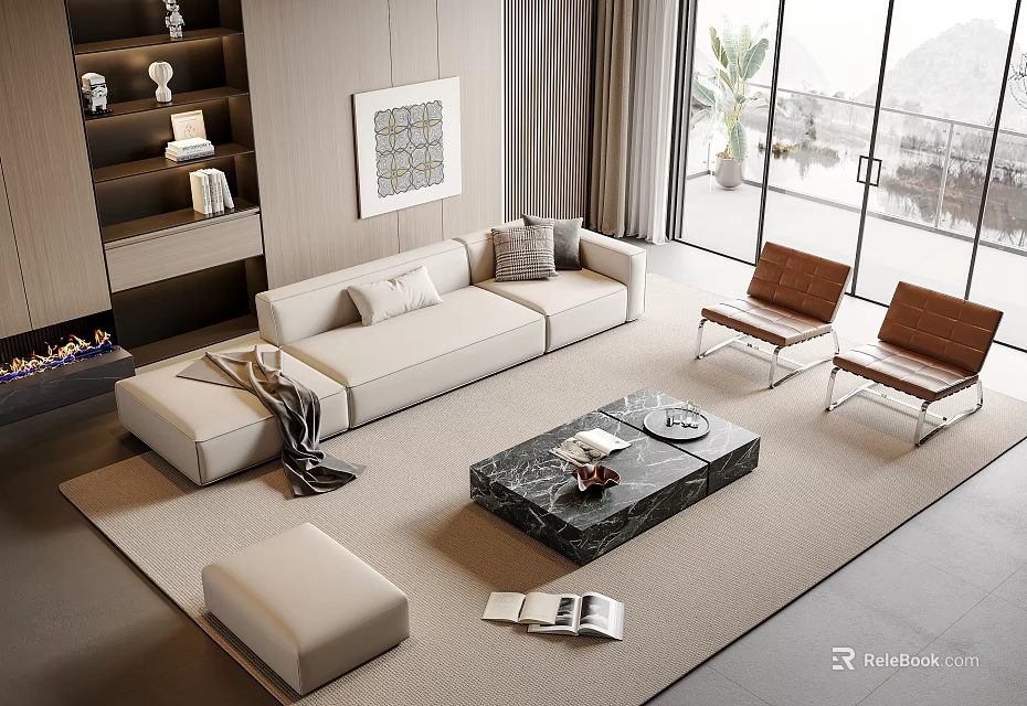 Modern Living Room Sofa And Coffee Table Set With Beige Upholstery Black Marble Tabletop 3d model 