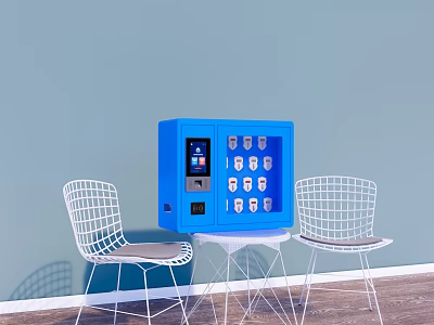 Blue Storage Cabinet With Multiple Compartments White Wire Chairs Small Table And Light Blue Wall 3d model