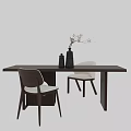 Modern Wooden Dining Table And Chair Set With Light Gray Cushions Decorative Vases And Branches