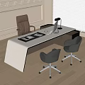 Modern White Dark Wood Office Desk With Laptop Documents Lamp And Leather Chairs Near Window