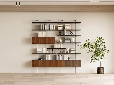 Modern Multi Tier Wood Metal Display Shelf With Potted Plant And Books 3d model