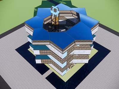 Hexagonal Guesthouse Building With Blue Roof And Multi Story Design Central Courtyard And Paved Ground 3d model