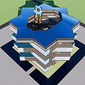 Hexagonal Guesthouse Building With Blue Roof And Multi Story Design Central Courtyard And Paved Ground