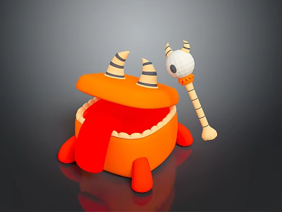 Orange Horned Monster Game Character With Open Mouth Red Tongue Teeth Big Eye Long Strip 3d model