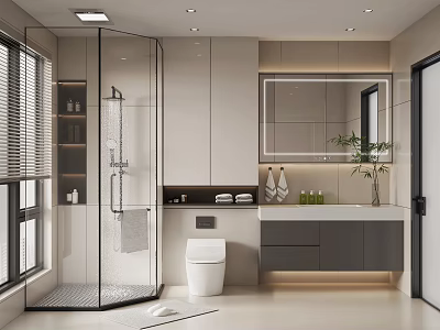 Modern Bathroom Interior Design With Glass Shower Toilet Vanity Mirror And Cabinets 3d model