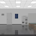 Interior With White Walls Square Ceiling Lights Gray Marble Floor Blue Signs And Cabinets