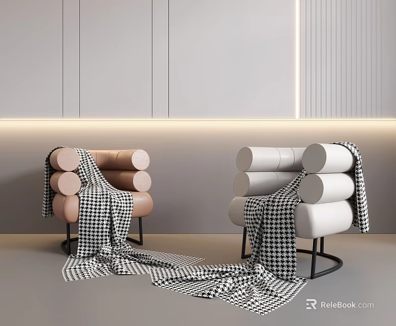 Brown And White Single Sofas With Roll Cushions And Checkered Blanket In Modern Minimalist Interior With Strip Lighting 3d model 