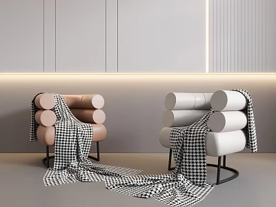 Brown And White Single Sofas With Roll Cushions And Checkered Blanket In Modern Minimalist Interior With Strip Lighting 3d model