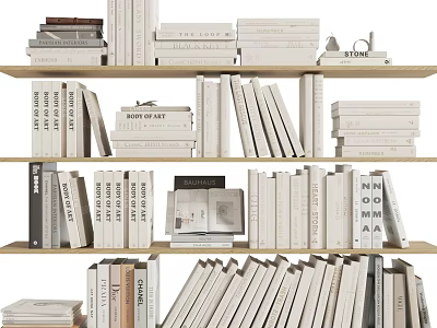 Books And Magazines Arranged On Wooden Bookshelf With Stacked Volumes Of Various Sizes 3d model