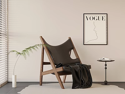 Modern Single Chair With Wooden Frame Black Cushion Vogue Poster And Side Table Potted Plant 3d model