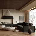 Modern Living Room Interior Design With Dark And Light Sofas Wooden Ceiling And Coffee Tables