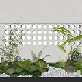 Stylish Garden Ornament Featuring Light Gray Wall With White Circular Patterns And Lush Green Plants