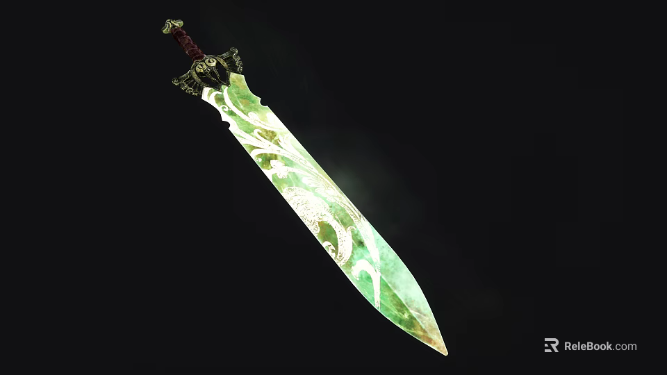 Decorative Sword with Green Blade and Intricate White Floral Patterns Ornate Hilt and Elegant Design 3d model 