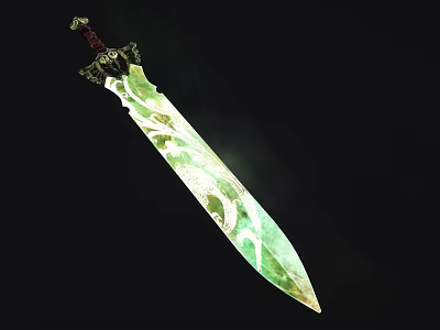 Decorative Sword with Green Blade and Intricate White Floral Patterns Ornate Hilt and Elegant Design 3d model