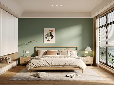 Cozy Modern Bedroom Interior With Green Walls Wooden Headboard Large Window And White Wardrobes 3d model