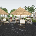 Outdoor Café With Straw Umbrellas Japanese Signage Green Plants And Stone Path