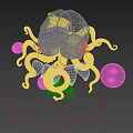Pink Brain Themed Art Installation with Octopus Tentacles and Planets on Starry Purple Base