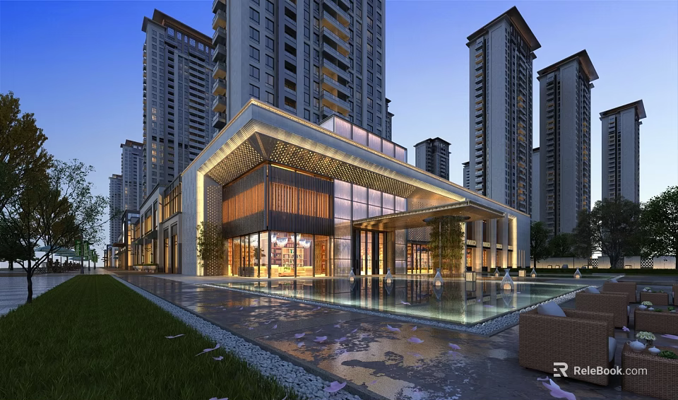 Modern Sales Office Architecture With Glass Facade And Water Pool In High Rise Residential Area 3d model 