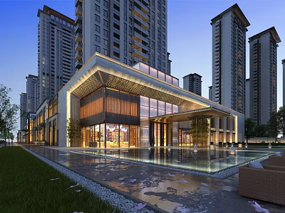 Modern Sales Office Architecture With Glass Facade And Water Pool In High Rise Residential Area 3d model