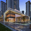 Modern Sales Office Architecture With Glass Facade And Water Pool In High Rise Residential Area