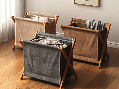 Stylish Foldable Storage Baskets with Wooden Frame and Fabric for Clothes Storage 3d model