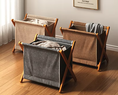 Stylish Foldable Storage Baskets with Wooden Frame and Fabric for Clothes Storage 3d model